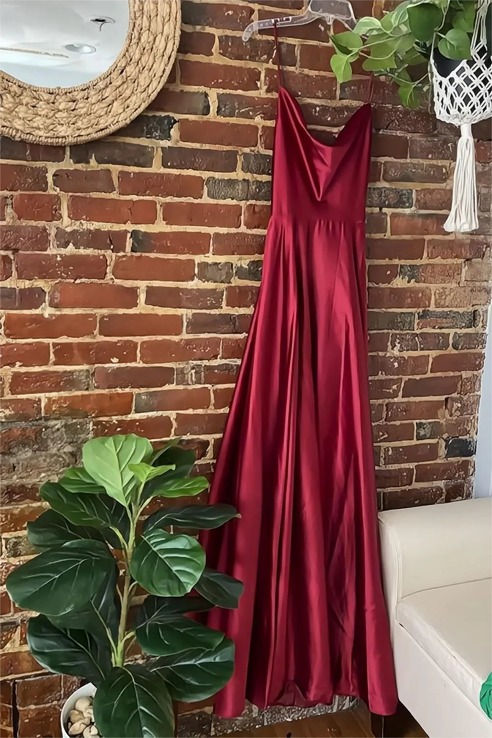 TingPo Wholesale A Line Spaghetti Straps Burgundy Long Prom Dress with Split Front